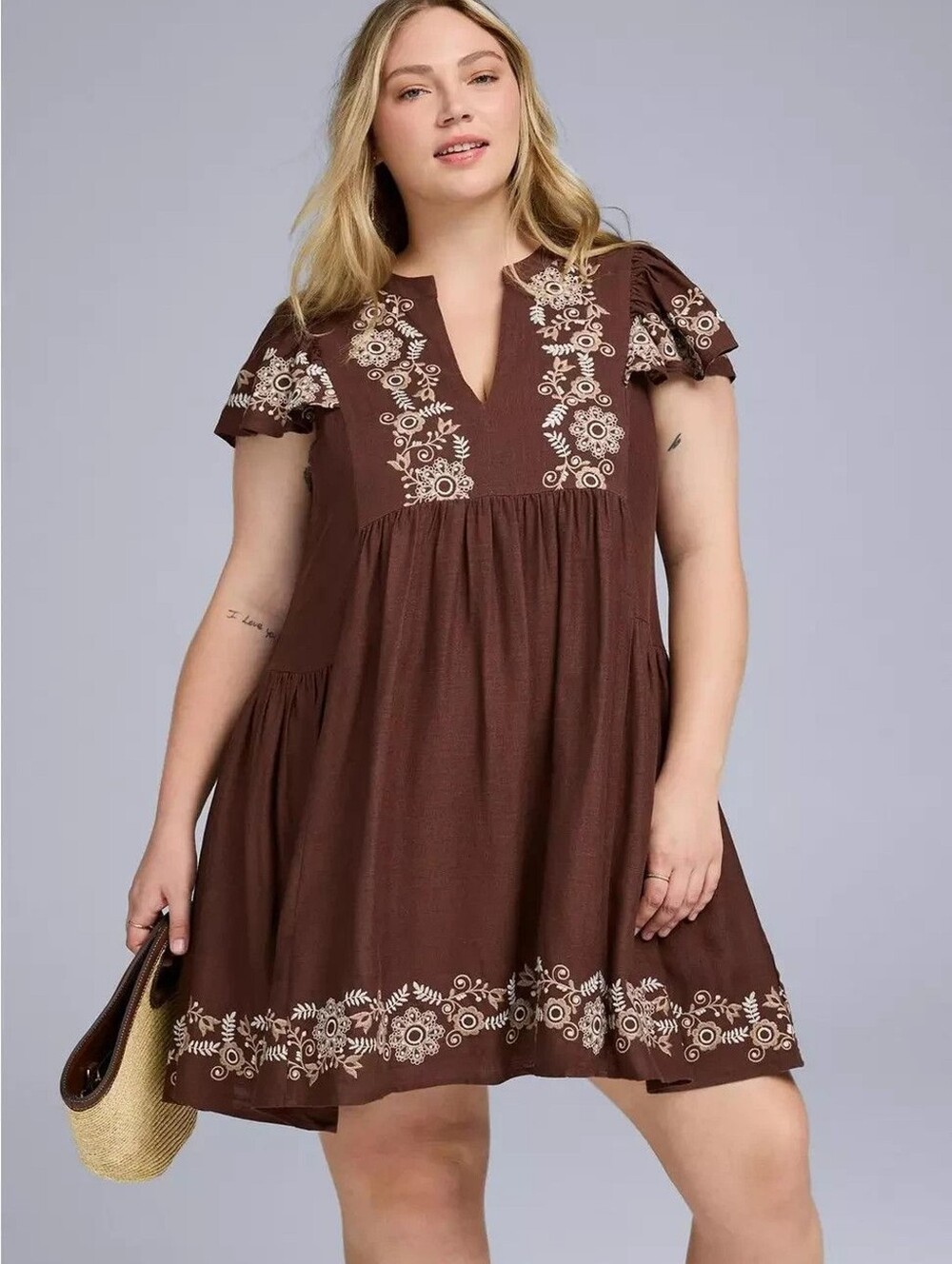 Belle Isle by Torrid Embroidered Trapeze Dress Size 3X Brown Peasant Boho EUC